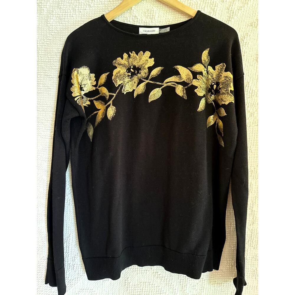 NWT CALVIN KLEIN Long Sleeve Sweater Gold Floral Size XS